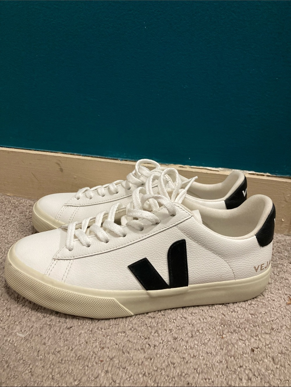 Veja Campo White Leather Sneakers with Black V Accent
